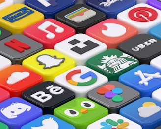 A vibrant grid of colorful game app cards glowing with bright gradients.